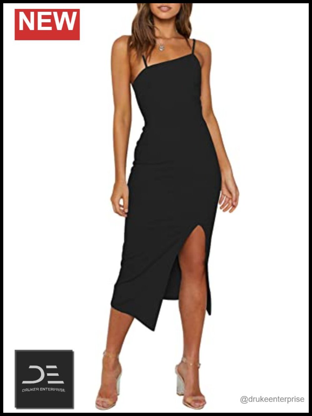 Women's Spaghetti Strap Bodycon Midi Dress Side Slit Wedding Guest